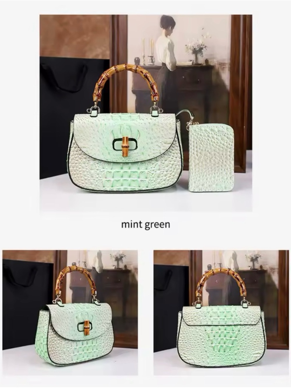 Vintage luxury Mint Green genuine leather high quality shoulder bag - Picture 2 of 3